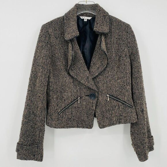 Cabi Size 8 Brown Wool Tweed Cropped One Button Moto Jacket Long Sleeve Lined - Picture 1 of 8